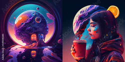 Surrealistic abstract illustration. 3D render. Colorful. Colorful background. Soft forms. Ai art, space composition, collection, person in the window, girl
