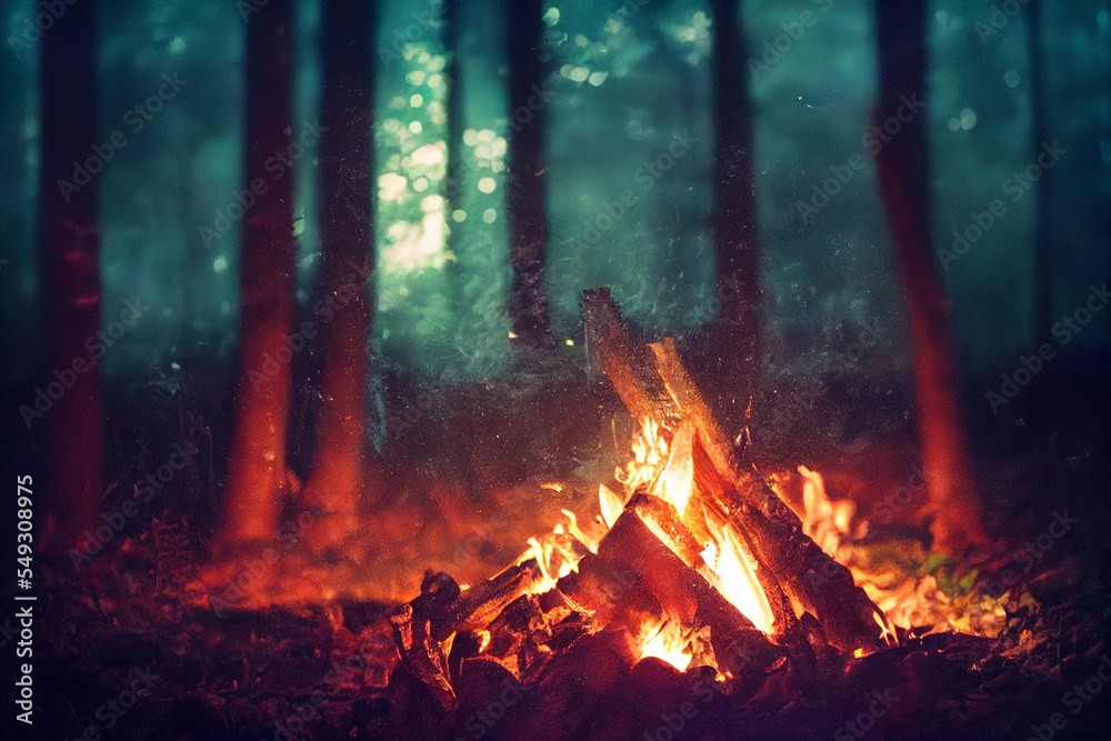 Campfire in the forest. Beautiful landscape of nature and trees. Sparks and flames. Rest by the fire. Camping in the woods. Burning firewood. Evening bonfire. Campfire in the forest. Beautiful landscape of nature and trees. Sparks and flames. Rest by the fire. Camping in the woods. Burning firewood. Evening bonfire.