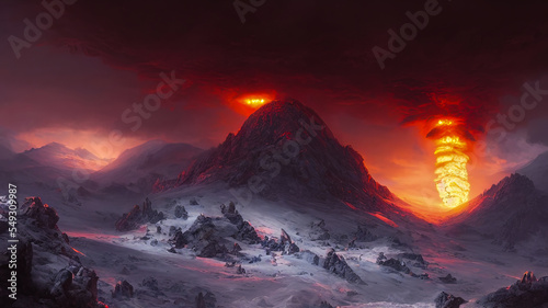 Fotografie, Tablou Unreal fantasy mountain landscape with volcanic eruption
