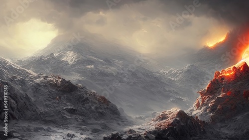 Unreal fantasy mountain landscape with volcanic eruption. Gloomy night sky, bright flashes of fiery lava and explosion.