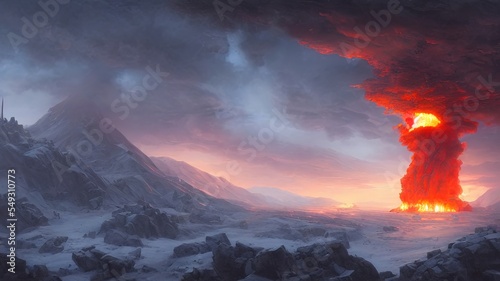 Unreal fantasy mountain landscape with volcanic eruption. Gloomy night sky  bright flashes of fiery lava and explosion.