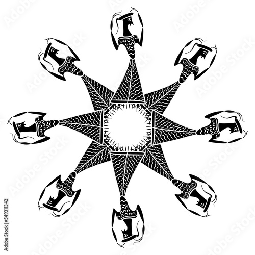 Round star frame or mandala with dancing Mycenaean women. Ethnic Cretan Minoan style. Funny feminist concept. Black and white silhouette. photo