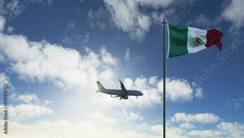 Generic airplane landing in Mexico. A passenger plane lowering its landing gears as it approaches a Mexican airport.
