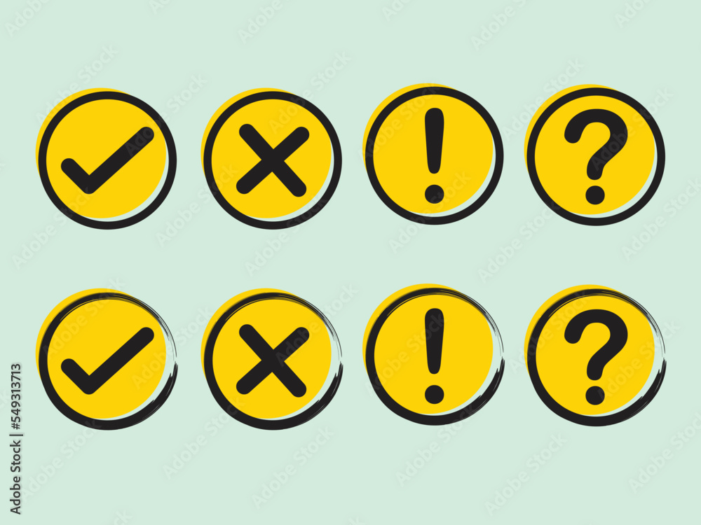 Set of check mark, cross mark, exclamation mark, question mark in yellow color. Set of check mark, cross mark, exclamation mark, question mark in yellow color.