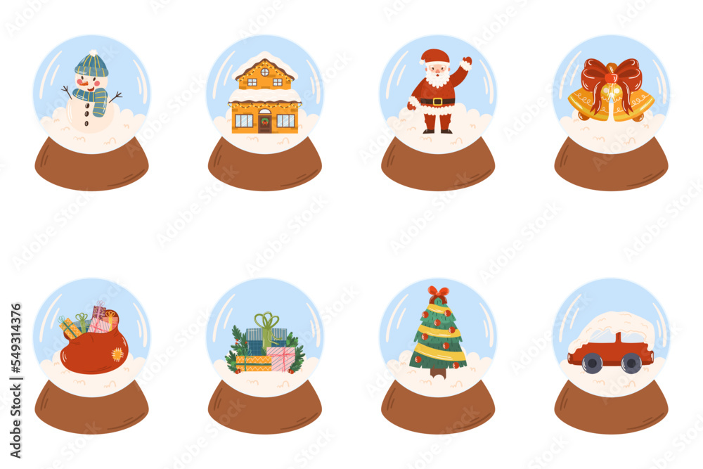 Cartoon hand drawn collection of snow globe. Snow ball with snowman, decorated house, Santa Claus and deer, Christmas tree, bag with gifts, bells and red ribbon, car in snow, gift with pine branches. Cartoon hand drawn collection of snow globe. Snow ball with snowman, decorated house, Santa Claus and deer, Christmas tree, bag with gifts, bells and red ribbon, car in snow, gift with pine branches.