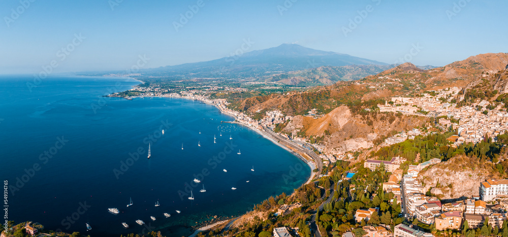 Panoramic aerial view of Isola Bella island and beach in Taormina. Giardini-Naxos bay, Ionian sea coast, Taormina, Sicily, Italy