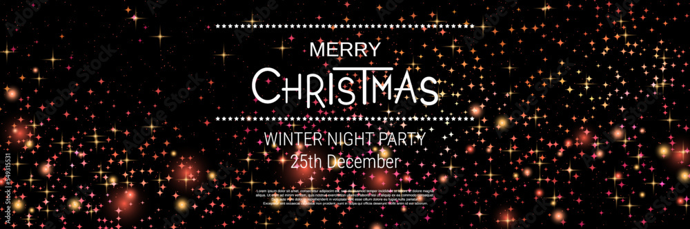 Merry Christmas and Happy New Year vector illustration. Black background with stars and glow effect. Banner, invitation card, coupon, web header template