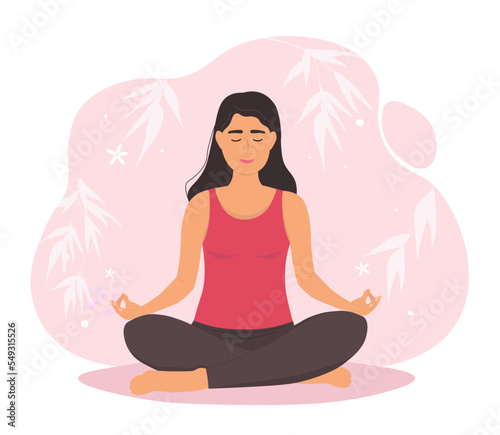 A woman is sitting in the lotus position with her legs crossed in the lotus position, doing yoga asanas. Vector graphics.