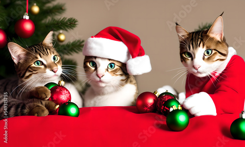 Cats wearing Santa hat playing with Christmas decorations