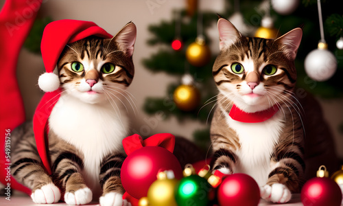 Cats wearing Santa hat playing with Christmas decorations