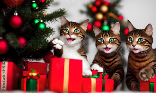 Cats wearing Santa hat playing with Christmas decorations