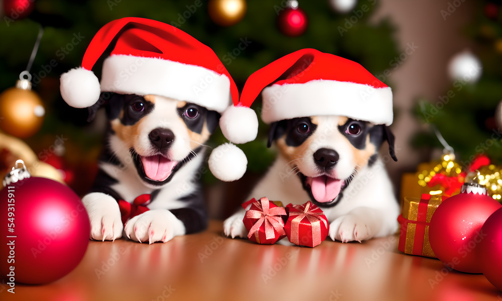 Dogs wearing Santa hat playing with Christmas decorations