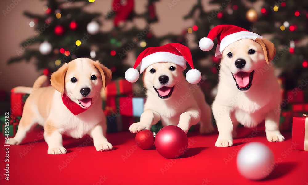 Dogs wearing Santa hat playing with Christmas decorations