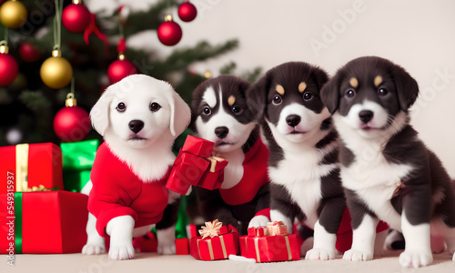 Dogs wearing Santa hat playing with Christmas decorations © Jakub