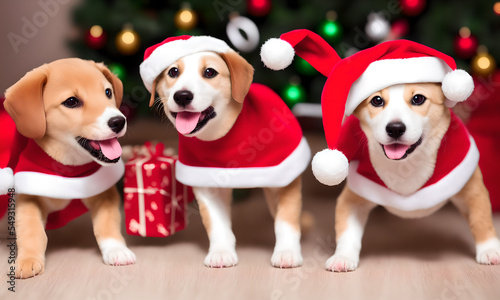 Dogs wearing Santa hat playing with Christmas decorations © Jakub
