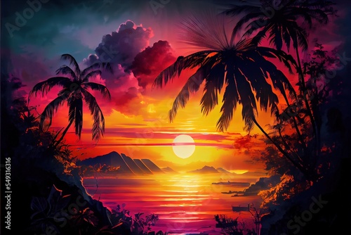 Computer-generated image of a tropical sunset on the beach. Idyllic getaway with bright and colorful sunset, palm trees, ocean waves, cool sea breeze, and mountains © Brian