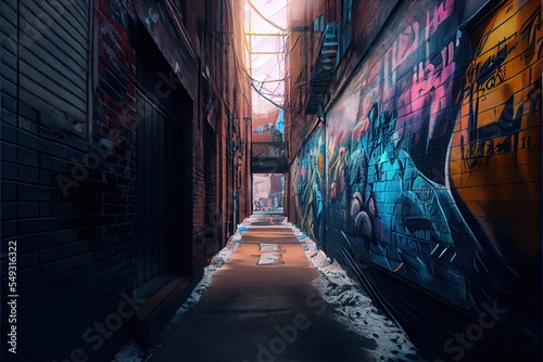 computer-generated image of a graffiti-covered alleyway with snow during the winter. Urban alley with gritty and dank look. Photorealism with 3D shading