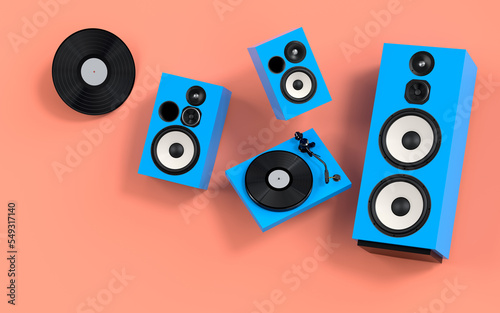 Set of Hi-fi speakers and DJ turntable for sound recording studio on coral