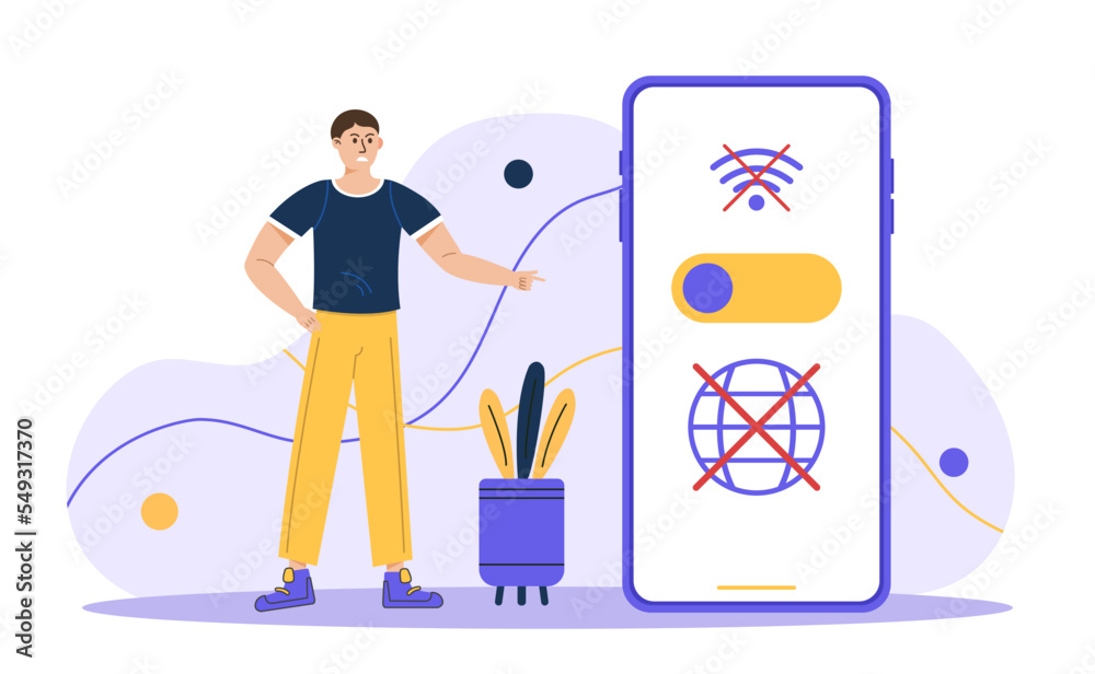 Fototapeta premium No Internet Connection. Lost wi-fi signal on phone. Man standimg around big phone. Offline error, No Wi-Fi signal. disconnect, error connection. Vector illustration concept