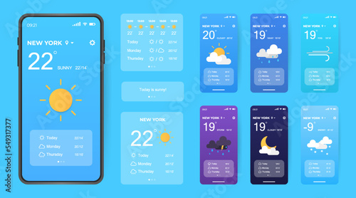 Mobile weather app interface design. GUI elements for weather forecast mobile app. Realistic phone. Temperature, weather condition user interface generator. Ui ux toolkit vector illustration