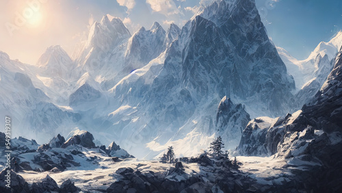 Unreal fantasy mountain landscape. Snowy slopes of mountains, sunset. Beautiful mountain landscape. photo