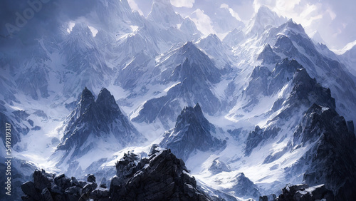 Unreal fantasy mountain landscape. Snowy slopes of mountains, sunset. Beautiful mountain landscape. © Terablete