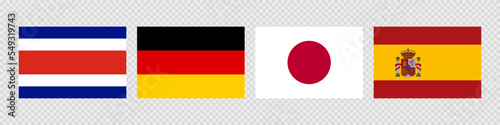 National flag set. Costa Rica  Germany  Japan  Spain.