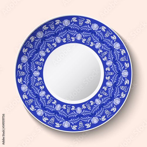 Ethnic dark blue plate Decor for interior decoration, table setting. Stylized ethnic cobalt painting on porcelain. Isolated dish, menu designs ethnic plates.