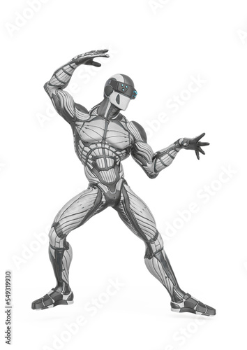 super hero is doing a dynamic fight pose in an exosuit