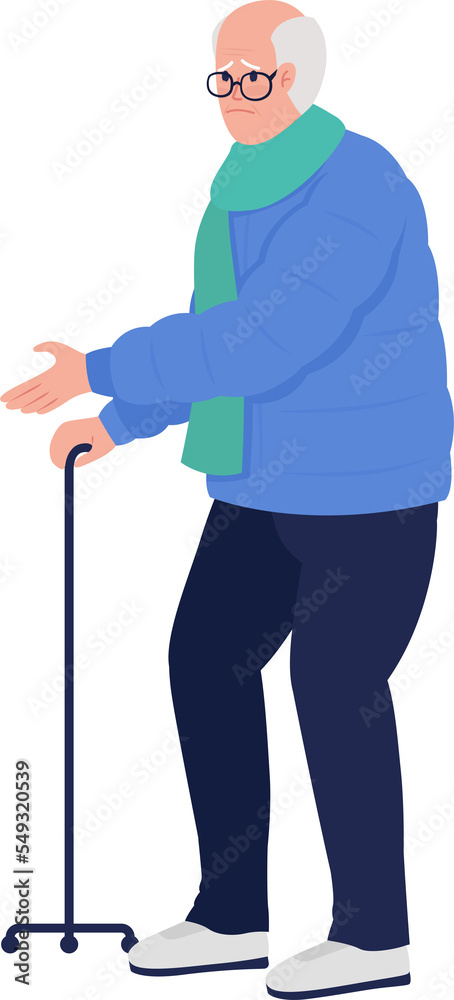 Sad senior man with tripod walking stick semi flat color raster character. Standing figure. Full body person on white. Simple cartoon style illustration for web graphic design and animation Sad senior man with tripod walking stick semi flat color raster character. Standing figure. Full body person on white. Simple cartoon style illustration for web graphic design and animation