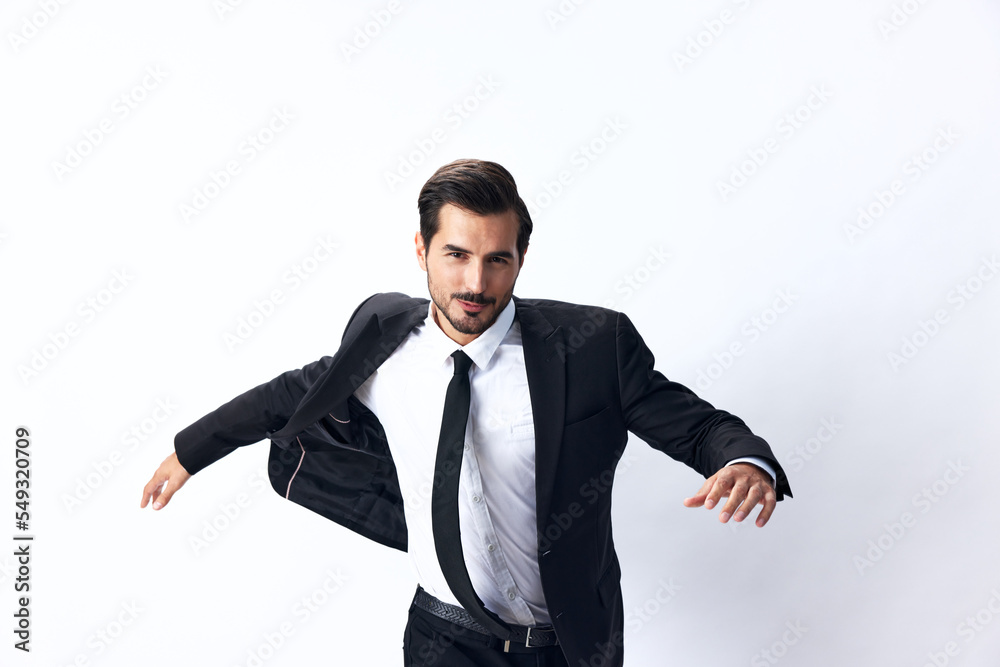 Man business jumps in business suit and serious face on white isolated background running. Startup businessman concept the way to the money Man business jumps in business suit and serious face on white isolated background running. Startup businessman concept the way to the money