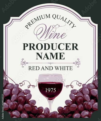 wine labels with realistic bunches of delicious red grapes and calligraphic inscriptions in figured frames on various backgrounds. Vector illustration. Collection of quality wines