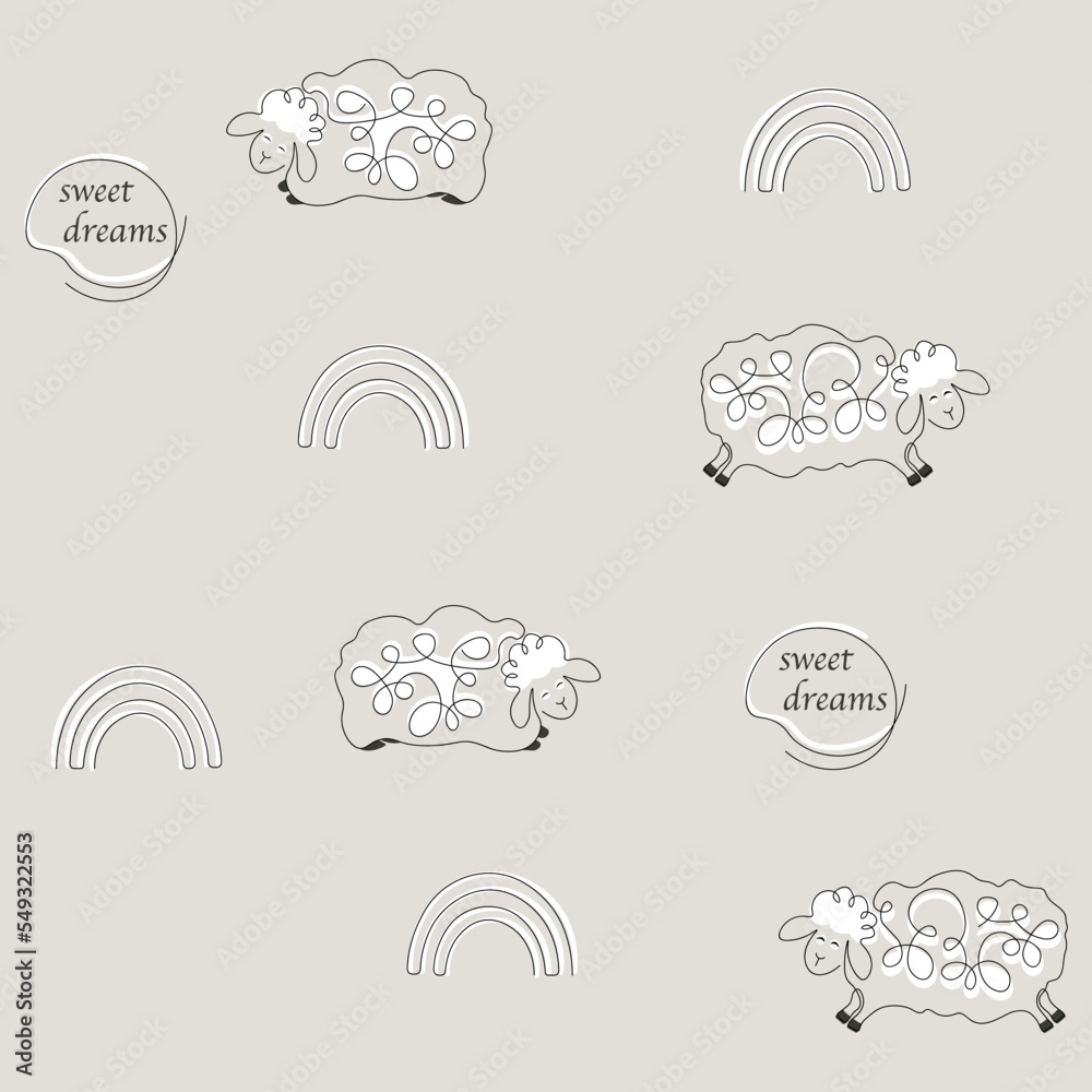 Fototapeta premium Continuous one line art of sheep character, rainbow and text