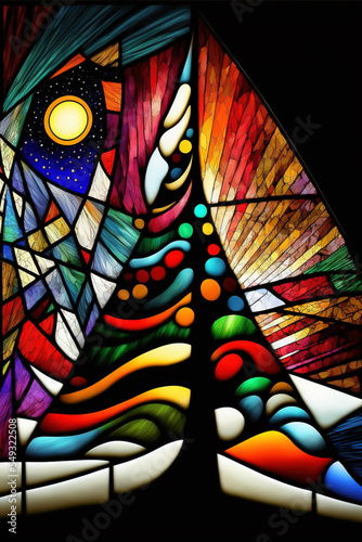 Abstract Contemporary Stained glass window depicting a christmas tree