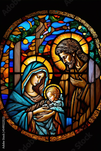 Abstract Contemporary Stained glass window depicting the nativity photo