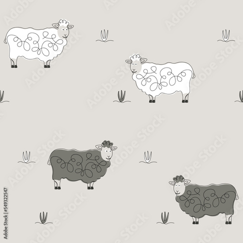 Continuous one line art of white and gray sheep on the grass