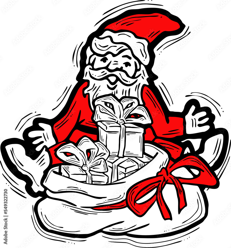 Decorative composition with Santa Claus, his big sack full of gifts. Christmas and New Year composition for banner design, party invitation. Hand drawn illustration, cartoon style character drawing. Decorative composition with Santa Claus, his big sack full of gifts. Christmas and New Year composition for banner design, party invitation. Hand drawn illustration, cartoon style character drawing.