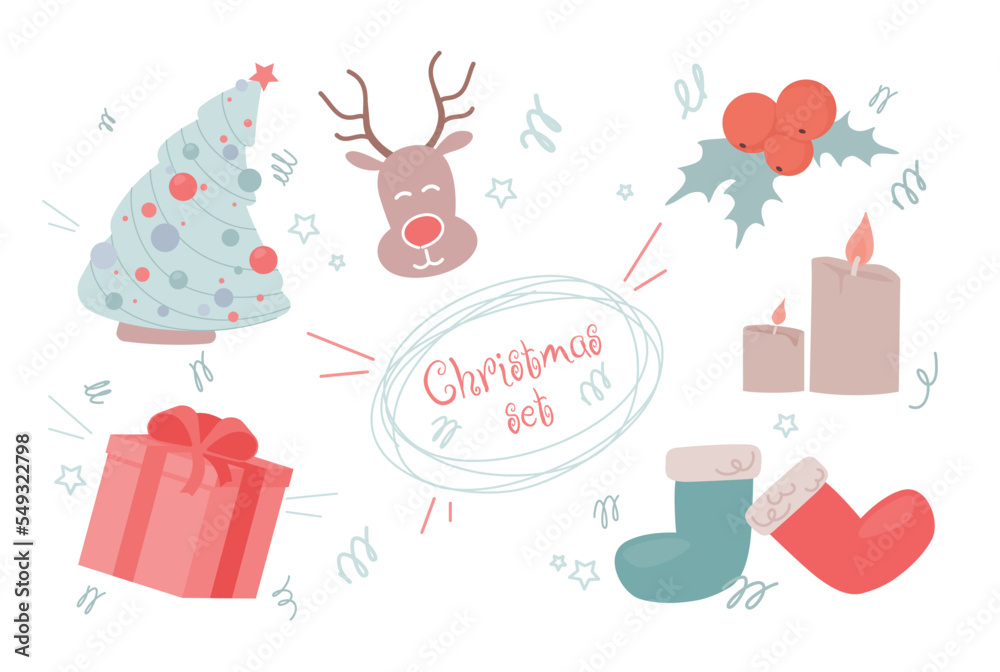 Vector set of many festive Christmas icons. Cute New Year stickers. Flat decorative art elements for winter banner layout design, wrapping paper, advertising concept, fashion print, greeting card. Vector set of many festive Christmas icons. Cute New Year stickers. Flat decorative art elements for winter banner layout design, wrapping paper, advertising concept, fashion print, greeting card.