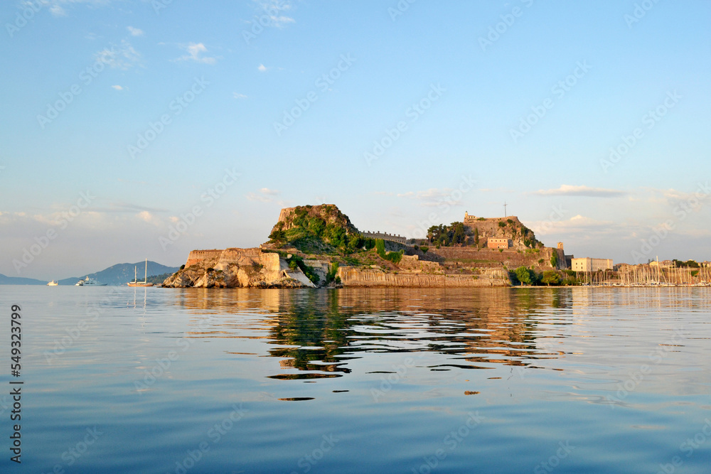 View from the sea of Corfu island and Sideros lighthouse.