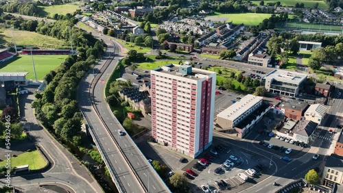 Aerial video of Latharna House high rise flat in Larne County Antrim Northern Ireland  photo