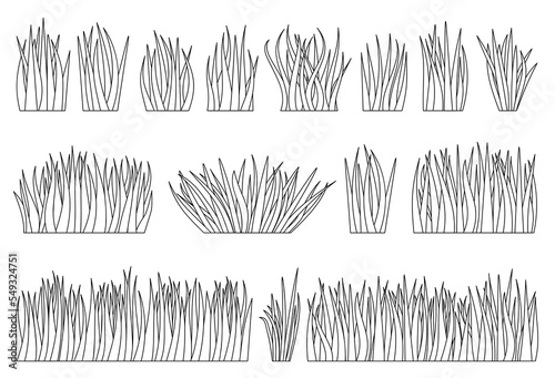 Grass natural organic lawn outline set. Coloring book page summer herb meadow. Eco plant fresh separate bush. Different shape linear herbal turf. Greenery leaves line icon. Foliage landscape border