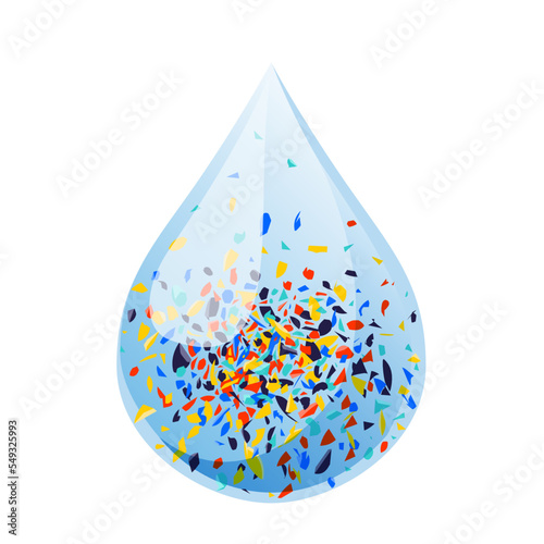 Multicolored pieces of microplastic in drop of water. Vector illustration isolated on white background