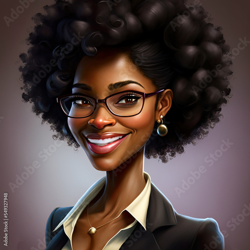 Caricature portrait of a cartoon black business woman wearing glasses.
