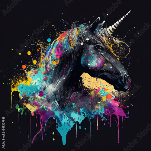 Black unicorn with rainbow mane, colorful paints smudges, spatter. generated sketch art	
