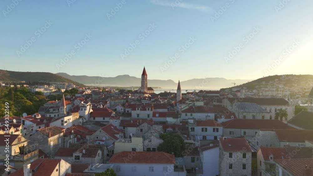 Trogir, Croatia Drone Video Flying Low Over Beautiful Medieval-Style Historic City At Dawn