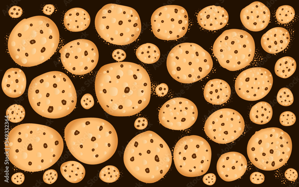 Cookies with chocolate chips on a dark background. The concept of cooking, sweets, food blog. Vector illustration of cookies for decoration and design.