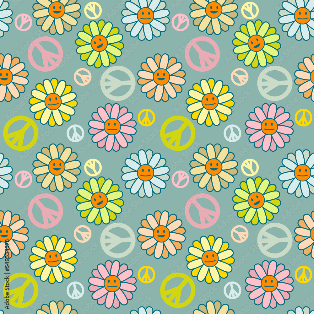 Positive seamless pattern with symbol of peace and smiling flowers. Vintage print for T-shirt, textile and fabric. Hand drawn illustration for decor and design. Positive seamless pattern with symbol of peace and smiling flowers. Vintage print for T-shirt, textile and fabric. Hand drawn illustration for decor and design.