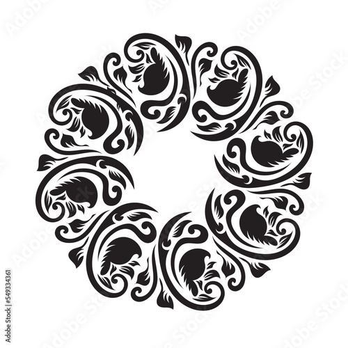 Black ornamental round, Decorative art floral frame, Abstract vector ornament border ceramic design, porcelain pattern template,