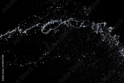 Shape form droplet of Water splashes into drop water attack fluttering in air and stop motion freeze shot. Splash Water for texture graphic resource elements, black background isolated
