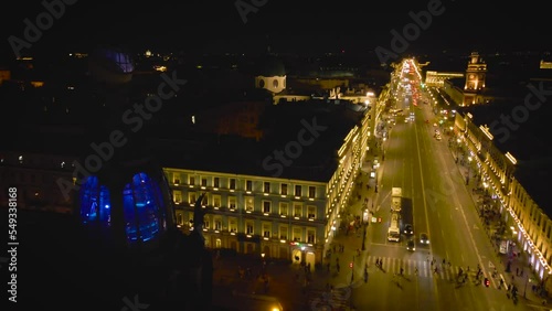 Aerial view of the gold Nevski street and Kazan Cathedral and House of the Singer company in the historical and at same time modern city of St. Petersburg at night day